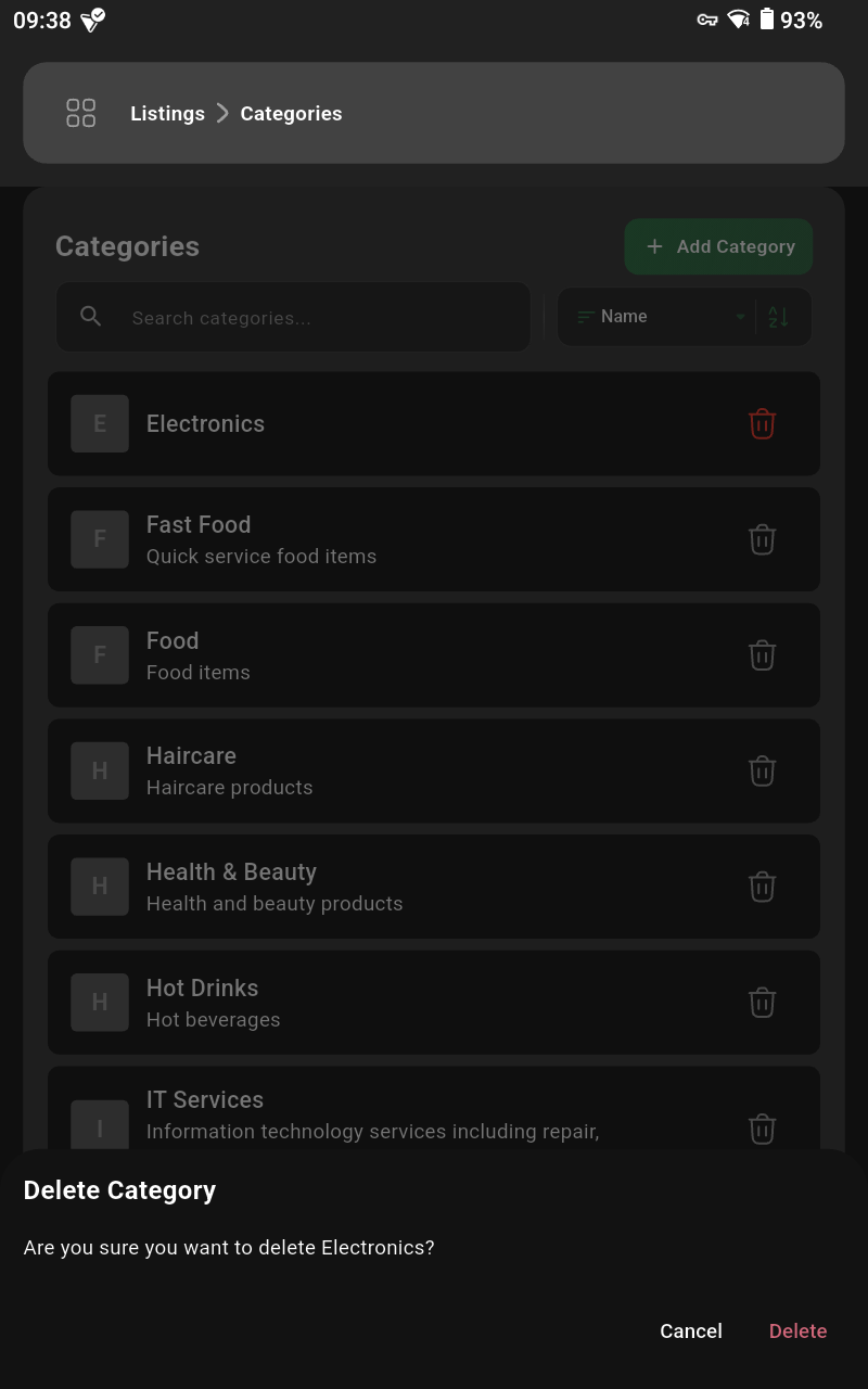 Delete category confirmation