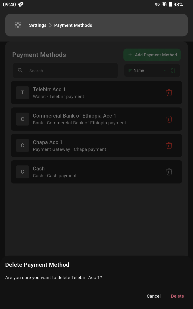 Delete payment method confirmation