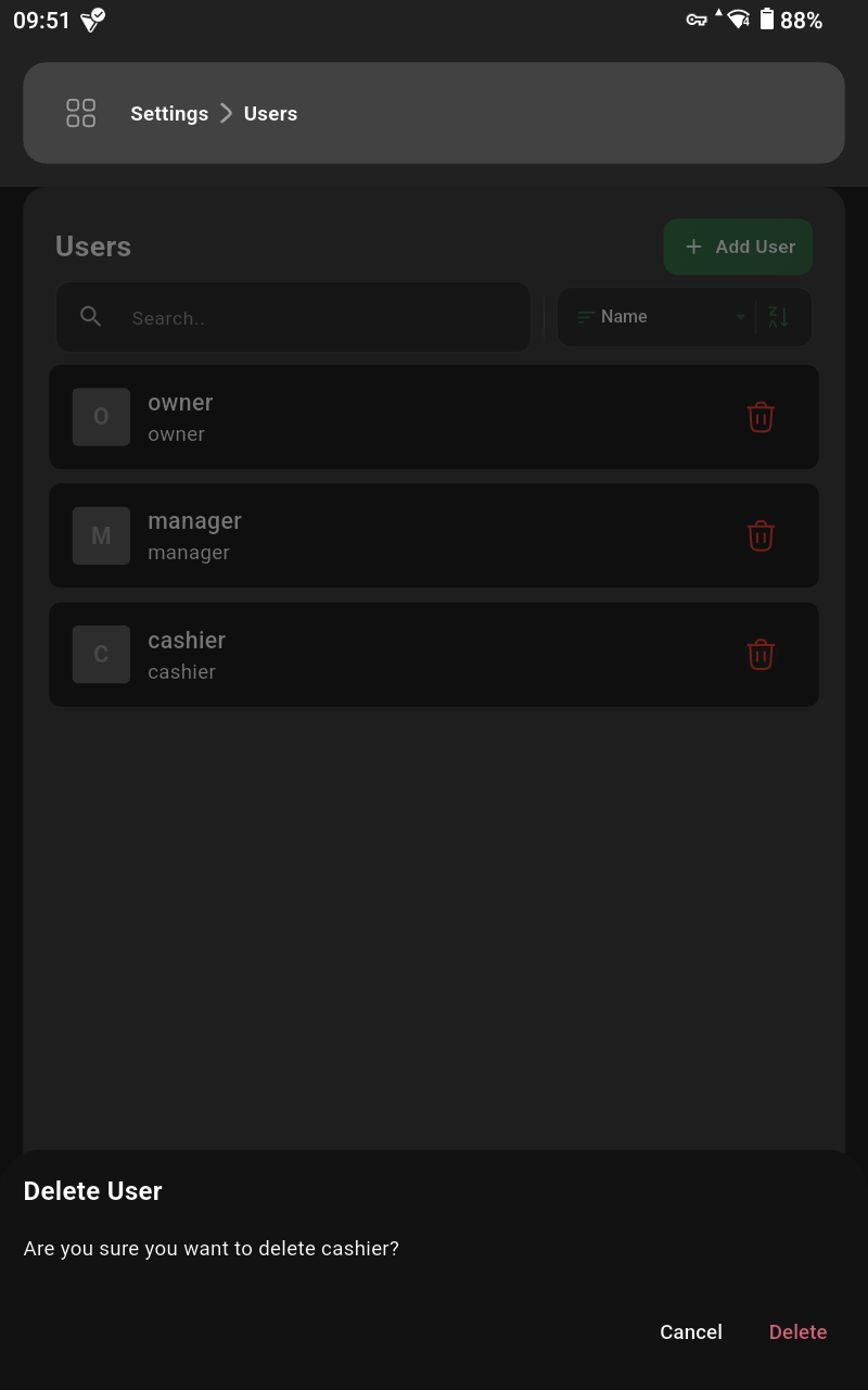 Delete user confirmation