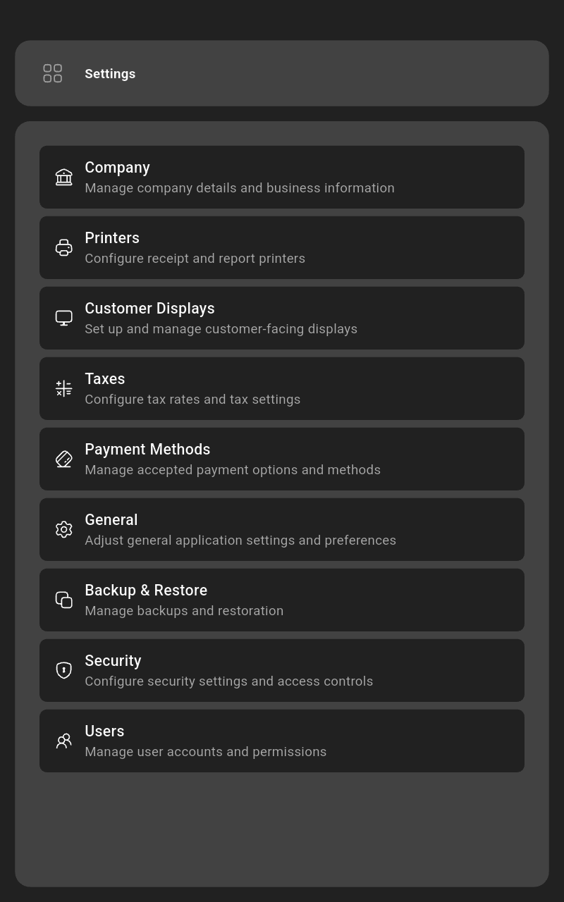 Settings screen